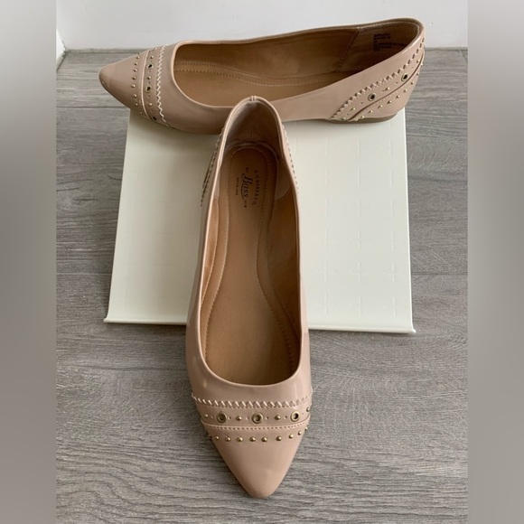 G.H. Bass Layla Beige Faux Patent Leather Flats with Gold Studs/Embellishments - Picture 7 of 11